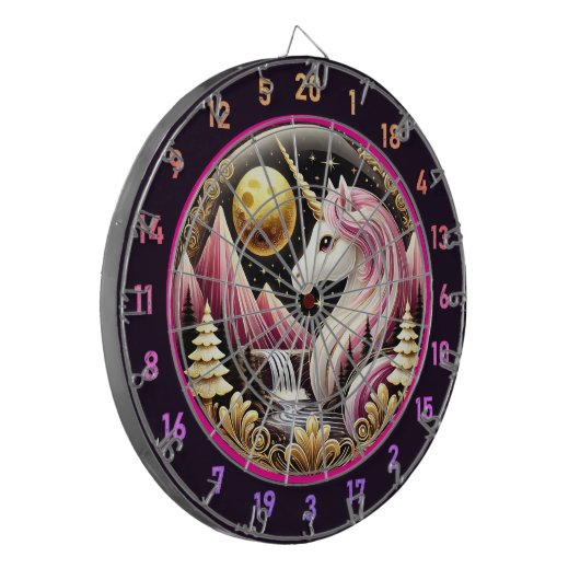 月明かりの中に立つピンク誇りを持ったのユニコーン ダーツボード (正面左)