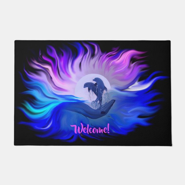 月明かりの中のイルカ ドアマット (正面)