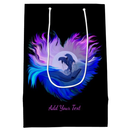 月明かりの中のイルカ，ハート，あなたのテキストを追加 ミディアムペーパーバッグ (裏面)