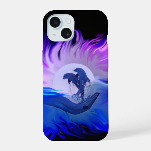 月明かりの中のイルカ iPhone 15ケース (裏面)