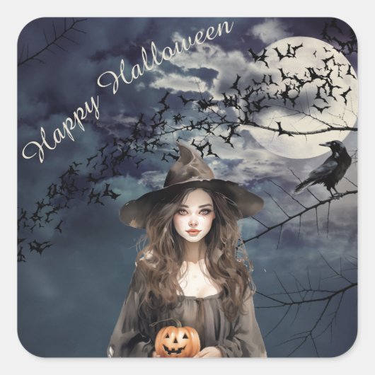 月明かりの中のハロウィーンの魔女 スクエアシール (正面)