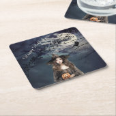 月明かりの中のハロウィーンの魔女 スクエアペーパーコースター (アングル)