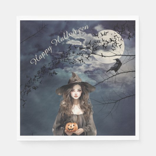 月明かりの中のハロウィーンの魔女 スタンダードランチョンナプキン (正面)
