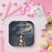 月明かりの中のハロウィーンの魔女 ペーパープレート (パーティー)