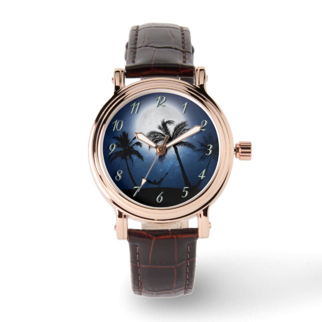 月明かりの中のヤシの木 腕時計 (正面)