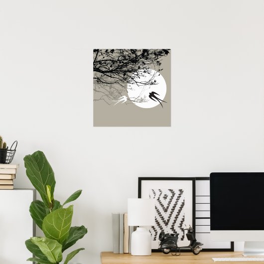 月明かりの中の東洋のツバメ禅灰色のポスター ポスター (ホームオフィス)