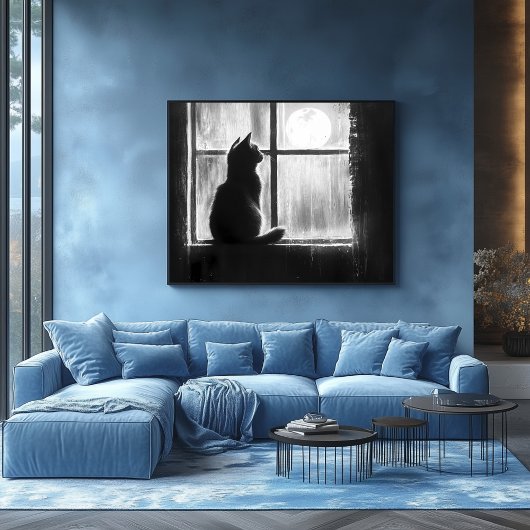 月明かりの中の窓のそばの猫のシルエット ポスター