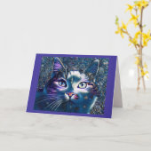 月明かりの中の美しい猫お手引きグリーティングカード カード (黄色い花)