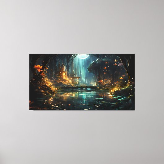 月明かりの中の隠れた森の寺 キャンバスプリント (正面)