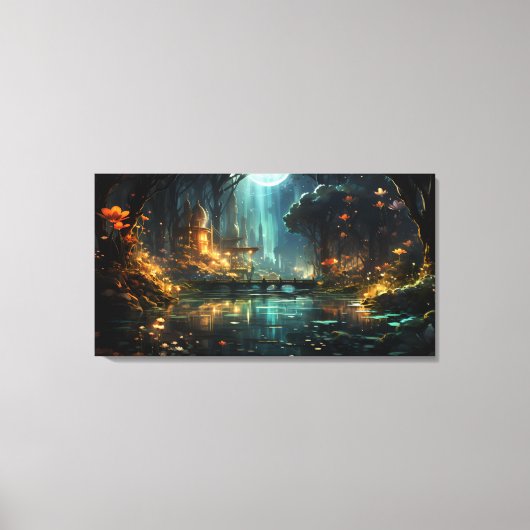 月明かりの中の隠れた森林都市 キャンバスプリント (正面)
