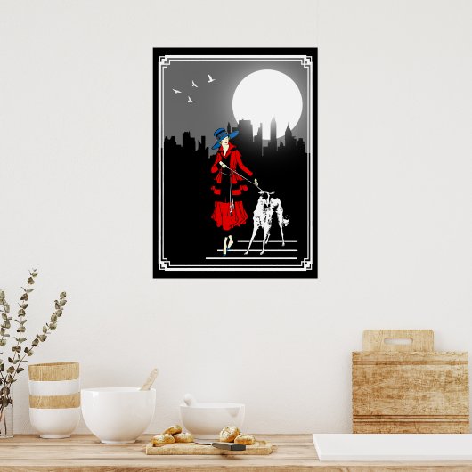 月明かりの中を歩くヴィンテージアールデコレディ ポスター (キッチン)