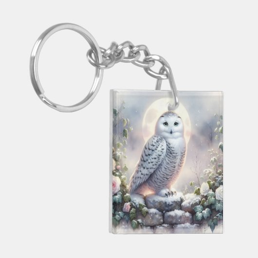 月明かりの冬の庭でスノーフクロウ キーホルダー (正面左)
