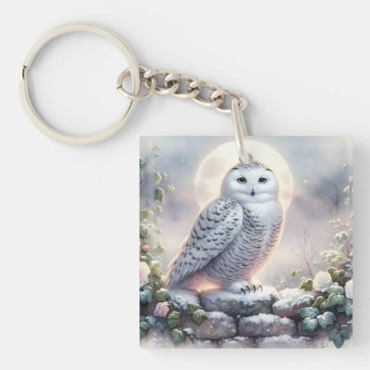 月明かりの冬の庭でスノーフクロウ キーホルダー (正面)