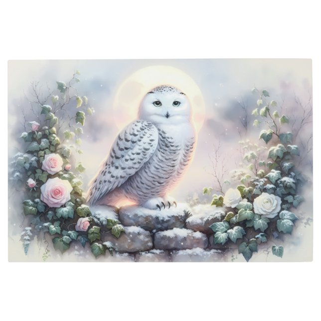 月明かりの冬の庭でスノーフクロウ メタルプリント (正面)