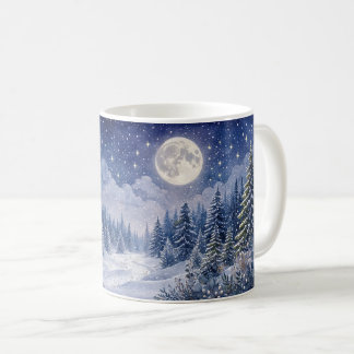 月明かりの冬の森の風景アート コーヒーマグカップ