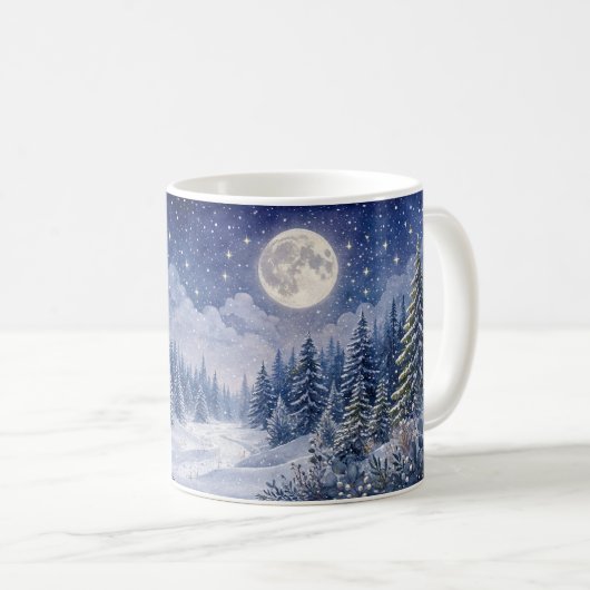 月明かりの冬の森の風景アート コーヒーマグカップ (正面右)
