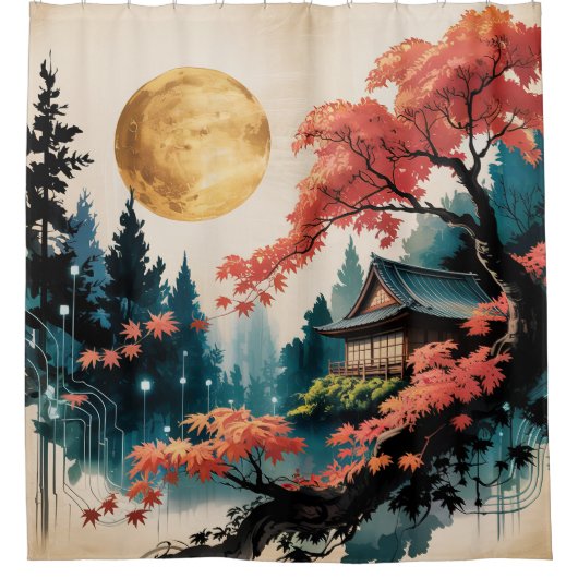月明かりの小屋 日本の森 アート (4) シャワーカーテン (正面)
