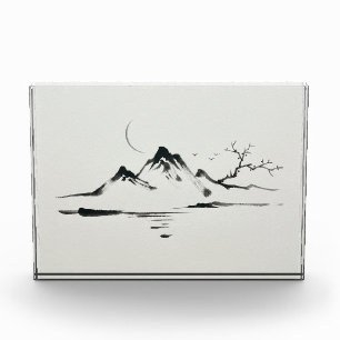 "月明かりの山々:墨絵の風景" フォトブロック
