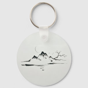 "月明かりの山々: 水墨画の風景" キーホルダー