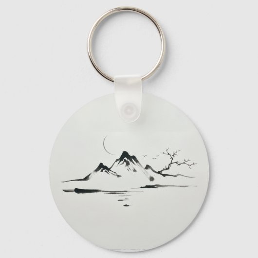 "月明かりの山々: 水墨画の風景" キーホルダー (正面)
