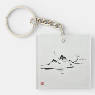 "月明かりの山々: 水墨画の風景" キーホルダー