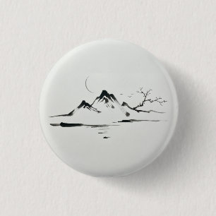 "月明かりの山々:水墨画の風景" 缶バッジ