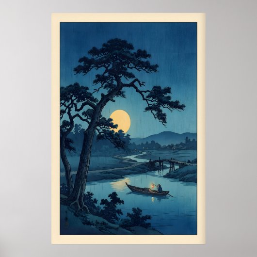 月明かりの川のプリント 日本の木版画スタイルの夜 ポスター (正面)