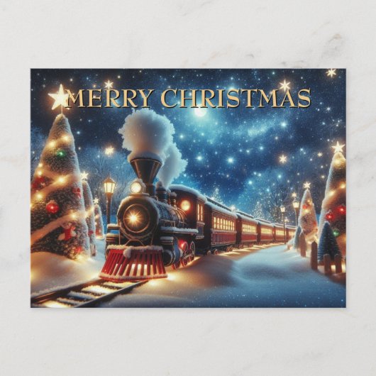 月明かりの星空の下を走るクリスマストレイン シーズンポストカード (正面)