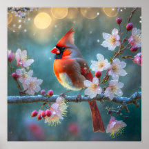 月明かりの桜と雄のショウジョウコウチョウ