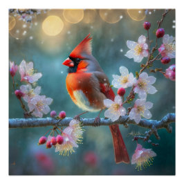 月明かりの桜と雄のショウジョウコウチョウ ポスター