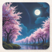 月明かりの桜のアニメ風景 スクエアペーパーコースター (正面)
