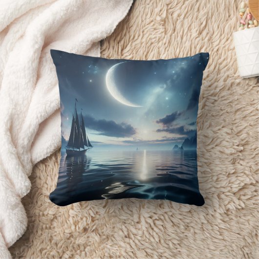 月明かりの水で帆船が航行する クッション (ブランケット)