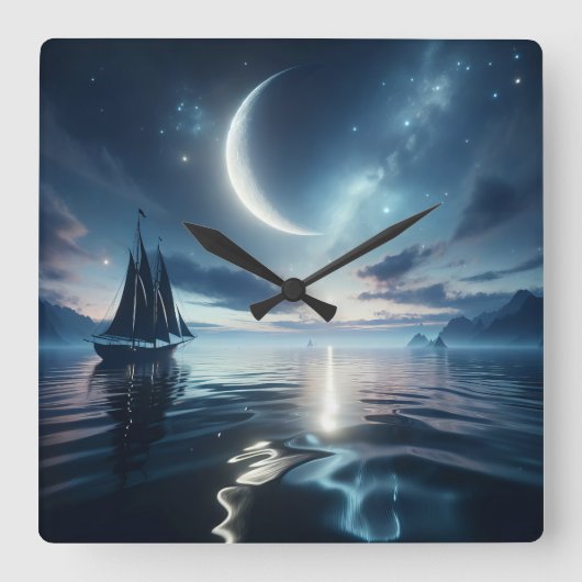 月明かりの水で帆船が航行する スクエア壁時計 (正面)