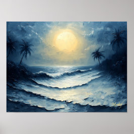 月明かりの洋波 – ヤシの木のある抽象的な海景画 ポスター
