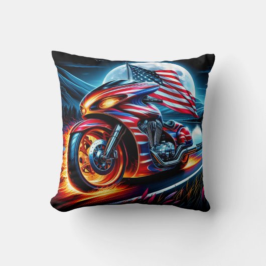 月明かりの湖で旗を立てた自転車 クッション (正面)