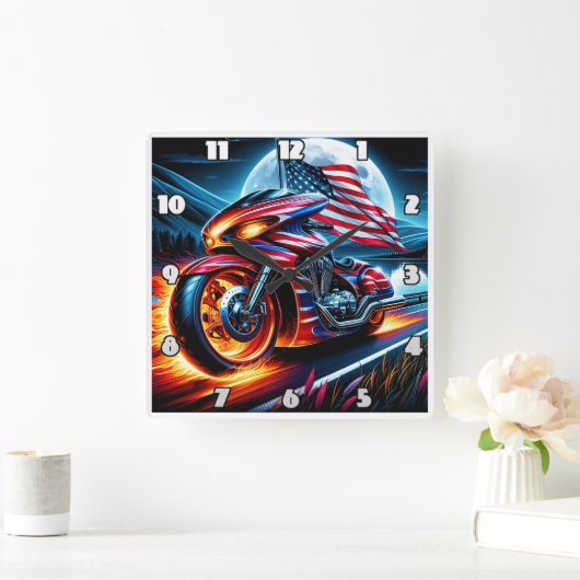 月明かりの湖で旗を立てた自転車 スクエア壁時計 (ホーム)