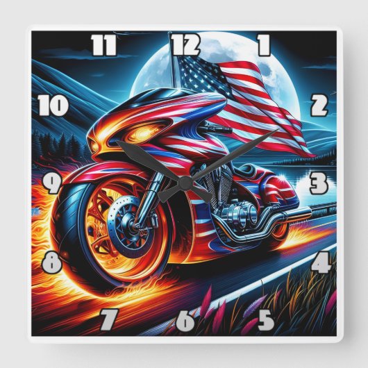 月明かりの湖で旗を立てた自転車 スクエア壁時計 (正面)