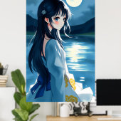 月明かりの湖と流水的な筆跡を持つアニメの少女 ポスター (ホームオフィス)