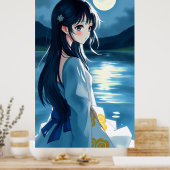 月明かりの湖と流水的な筆跡を持つアニメの少女 ポスター (キッチン)