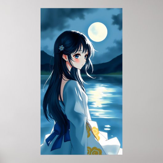 月明かりの湖と流水的な筆跡を持つアニメの少女 ポスター (正面)