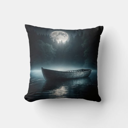月明かりの湖に浮かぶ木製ボート クッション (正面)