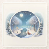 月明かりの雪に覆われた川辺の冬の狐 ガラスコースター (正面)