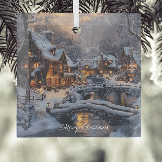 月明かりの雪のクリスマスビレッジメリークリスマス メタルオーナメント