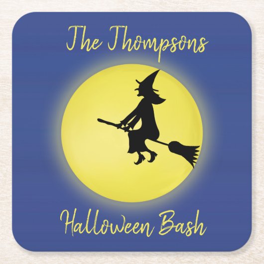 月明かりの飛んでいる中のハロウィーンの魔女のシルエット スクエアペーパーコースター (正面)