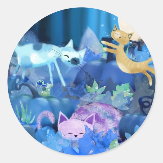 月明りの猫および子ネコ ラウンドシール (正面)