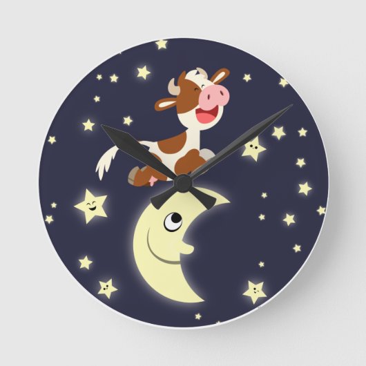 月時計を飛び越えるかわいい漫画の牛 ラウンド壁時計 (正面)