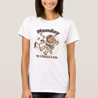 月曜日の宇宙での奮闘　宇宙飛行士とコーヒーと子犬 Tシャツ