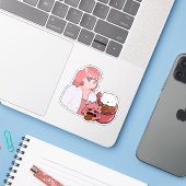 月曜日の朝のコーヒーの雰囲気 – かわいいアニメ少女 &  シール (ノートパソコンとiPhone)