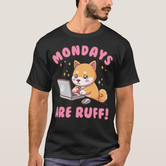 月曜日は嫌だ - かわいい柴犬のオフィスパロディ Tシャツ (正面)