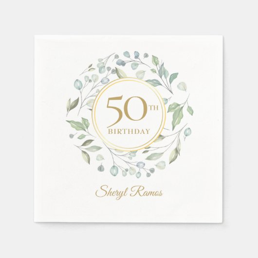 月桂樹のリース ゴールド 50歳の誕生日 スタンダードカクテルナプキン (正面)